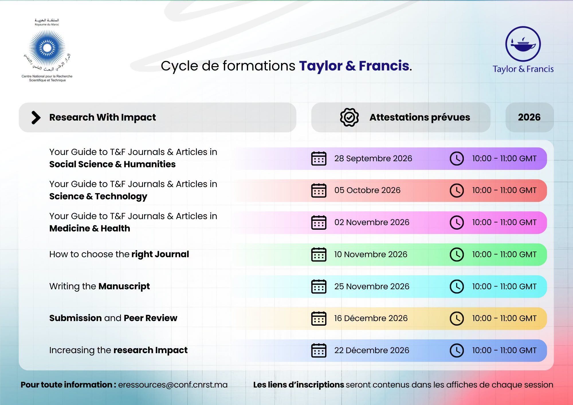 Titre : Cycle de formations Taylor & Francis pour la période Septembre – Décembre 2026